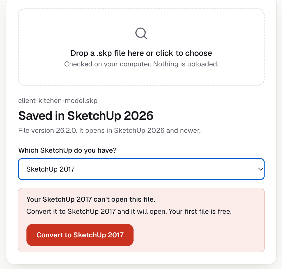 SKP version checker: file saved in SketchUp 2026, verdict for SketchUp 2017 says it can't open the file
