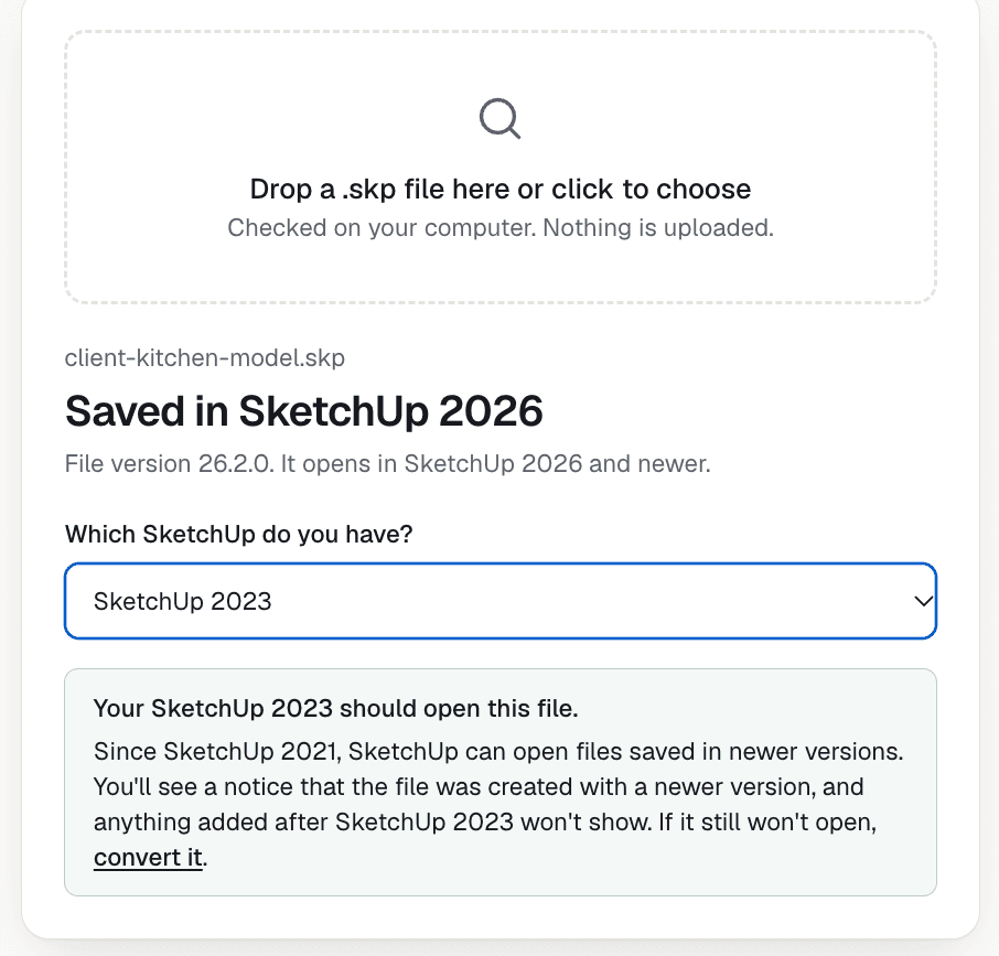 SKP version checker: file saved in SketchUp 2026, verdict for SketchUp 2023 says it should open