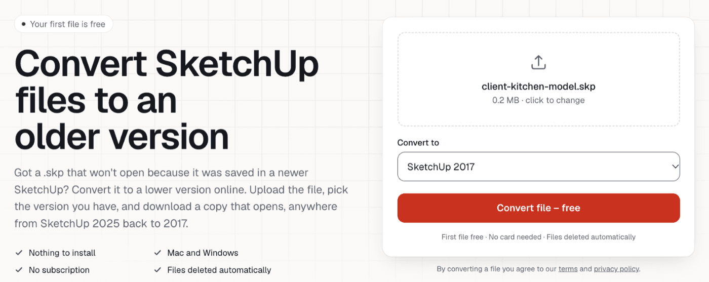 SketchupConverter homepage converter with a .skp file selected and SketchUp 2017 chosen as the target version