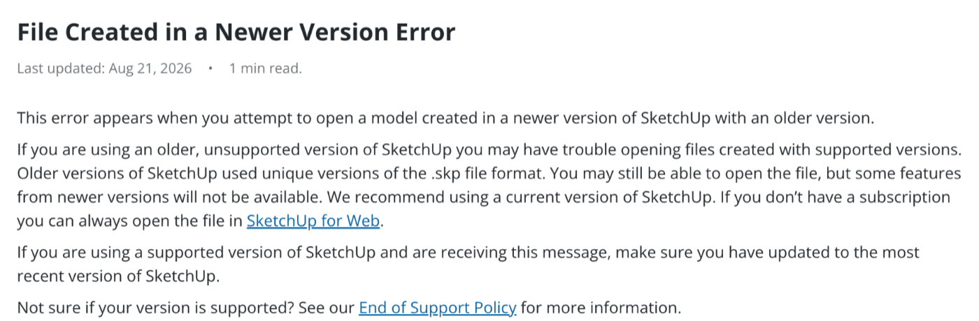 SketchUp Help article titled File Created in a Newer Version Error, recommending a current SketchUp or SketchUp for Web