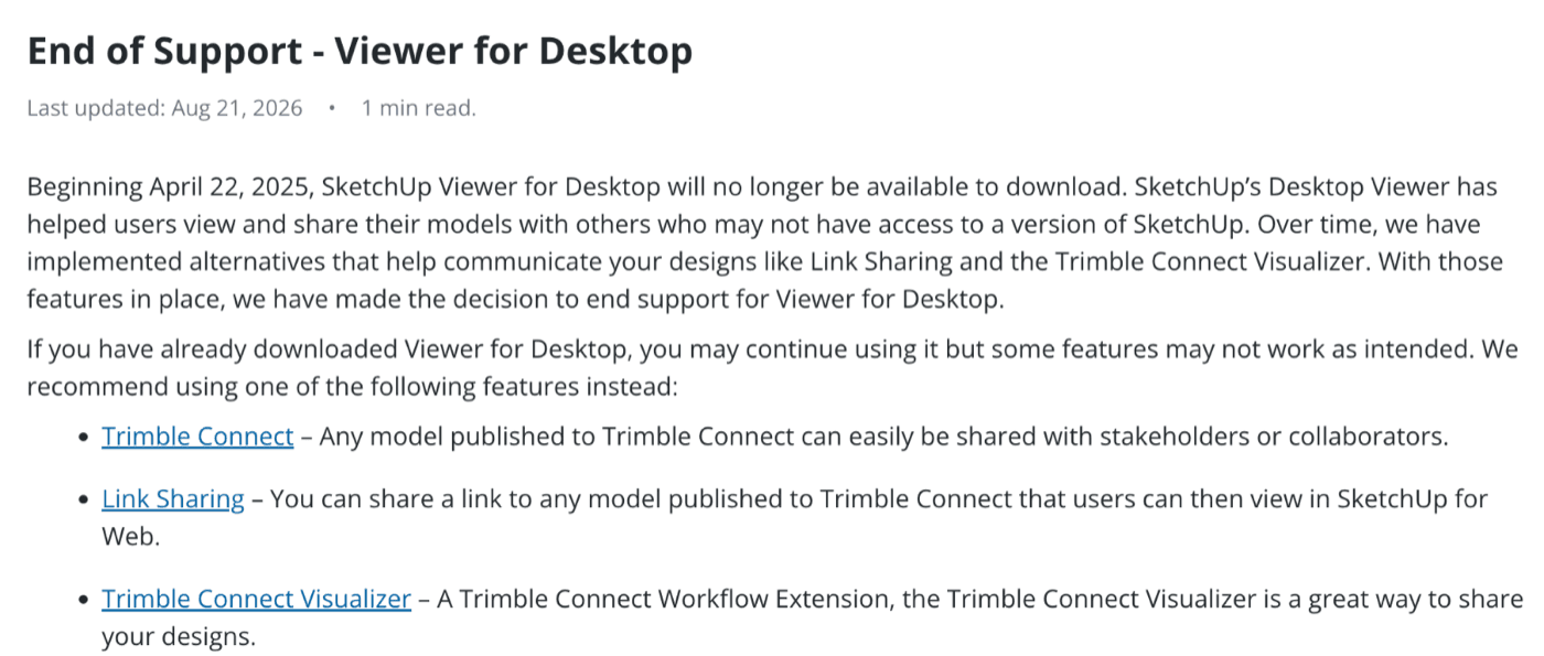 SketchUp Help page: End of Support, Viewer for Desktop, no longer available to download from April 22, 2025