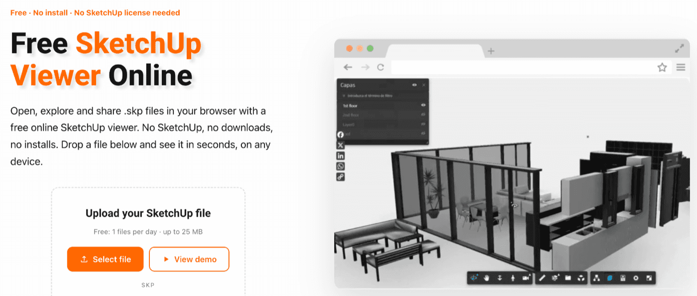 SKP Viewer homepage: free SketchUp viewer online, upload your SketchUp file, free 1 file per day up to 25 MB